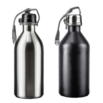 silver and Black Empty Glossy Metal Reusable Water Bottle with Silver Bung Set Closeup Isolated on White Background