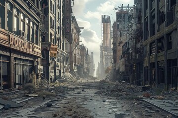 Post-apocalyptic cityscape showing a devastated urban environment with crumbling buildings and deserted streets Evoking a sense of desolation and survival in a dystopian world - obrazy, fototapety, plakaty