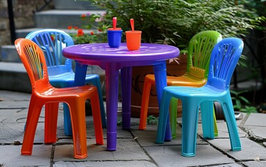 Fototapeta na wymiar Colorful plastic Children chairs and table in the garden