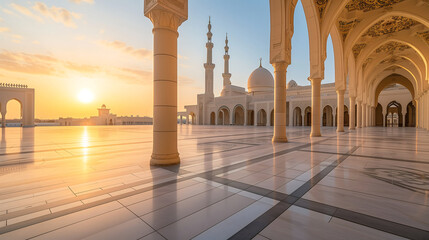Islamic Mosque architecture against the backdrop of a sunset. Ramadhan background concept