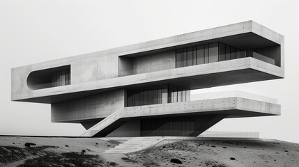 Modern Brutalist Architecture: Lone Mansion on Edge of Hill, Black and White Image