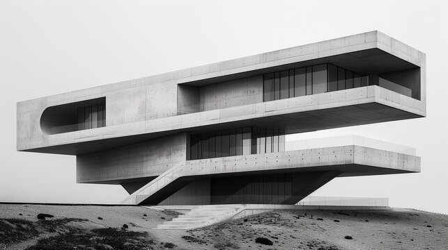Modern Brutalist Architecture: Lone Mansion on Edge of Hill, Black and White Image