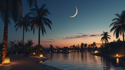Ramadhan background featuring crescent moon shining over a desert oasis with palm trees and lantern