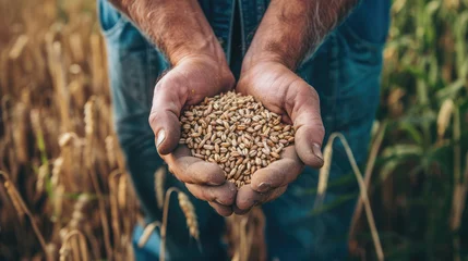 Fotobehang Hands holding wheat grain, organic agricultural harvest seed concept © AdamantiumStock