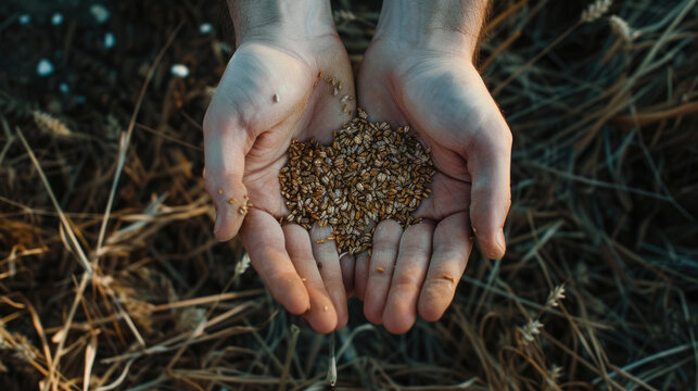 Hands holding wheat grain, organic agricultural harvest seed concept