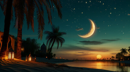 Ramadhan background featuring crescent moon shining over a desert oasis with palm trees and lantern