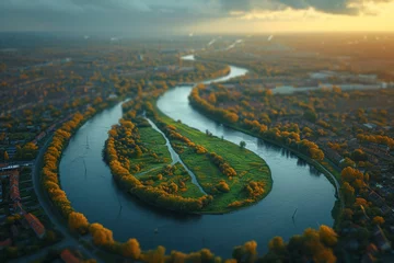 Foto op Canvas The geometric patterns of an industrial park set against the free-flowing contours of a river, demonstrating the interplay between structured development and natural fluidity.  Generative Ai. © Sebastian