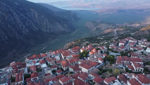 This footage was made with a drone, filmed at a Delphi Town early in the morning