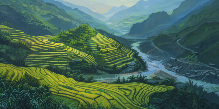 a painting of the rice terraces and river, generative AI