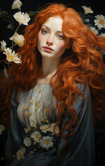 Portrait of a red-haired woman with flowers, fantasy illustration.