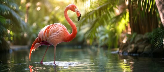 A flamingo is wading in the liquid of a lake surrounded by terrestrial plants and grass in the natural landscape of the jungle.