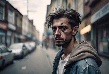 picture of a homeless dirty man addicted to alcohol and drugs - obrazy, fototapety, plakaty