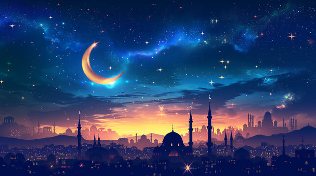 Starry night sky with crescent moon, silhouettes of mosques and minarets. Ramadan background concept