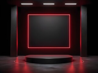 Dark podium with red neon tube on black studio background 3d platform