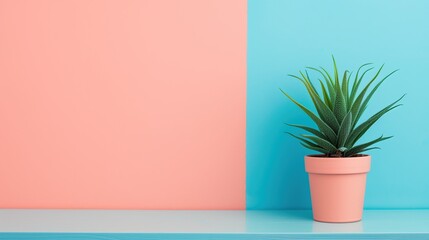 Green Cactus in Pink Plant Pot Against Soft Blue Background, Space For Other Elements 