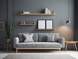 Modern living room with grey walls and shelves.