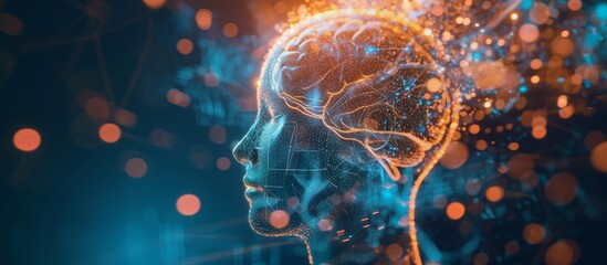 Abstract digital brain interface used by a hacker in double exposure, conveying the concept of AI and theft.
