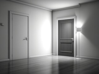 Empty room with a door open and a lamp on the floor.