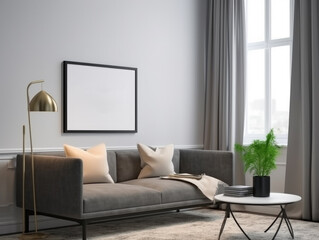 Modern living room with a gray sofa and a large picture frame on the wall.
