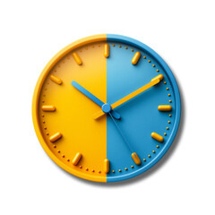 Minimalistic yellow and blue wall clock isolated on transparent background. PNG file.