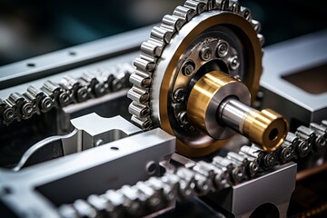 A detailed view of a chain tensioner, an essential component in the industrial machinery, set against a backdrop of gears and sprockets in a busy factory setting