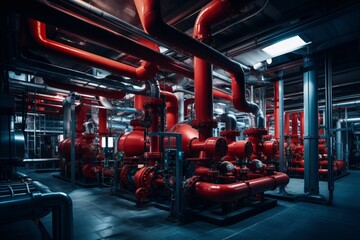 A detailed capture of a large industrial separator unit, surrounded by intricate piping systems, in a vast factory setting under the soft glow of artificial lighting