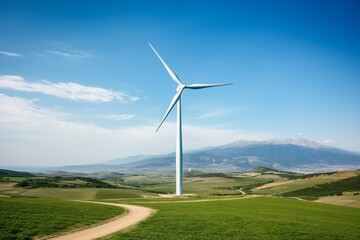 Fototapeta premium The Majestic Wind Turbine Blade Rising High Against a Clear Blue Sky, Surrounded by Green Fields and Distant Mountains