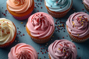Delicious cupcakes with different colors of buttercream frosting and sprinkles on a blue background. 