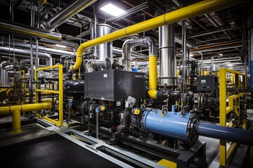 A Detailed View of a Filtration Bed in an Industrial Setting, Surrounded by Heavy Machinery, Piping Systems, and a Network of Conveyor Belts - obrazy, fototapety, plakaty