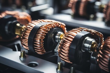Fototapeta premium A detailed view of a solenoid, an essential component in the industrial machinery, surrounded by a complex network of wires and metal parts