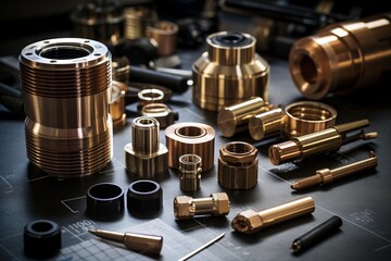 Close-up View of a Polished Brass Connector, an Essential Component in Industrial Machinery, on a Workshop Table Surrounded by Various Tools and Blueprints