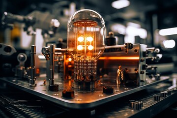 Close-up view of a high-powered industrial diode, bathed in the soft glow of ambient factory lighting, amidst a backdrop of intricate machinery