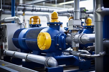 A close-up view of a chiller compressor in an industrial setting, surrounded by complex machinery and a maze of pipes and valves
