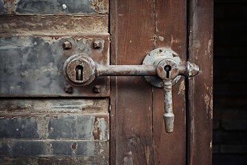Close-up of a Rustic Industrial Handle on a Weathered Metal Door, Set Against the Backdrop of an Aged Brick Wall in an Abandoned Factory