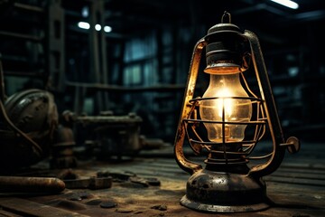 An antique safety lamp illuminating the dark corners of an old industrial factory, with rusty machinery and cobwebbed corners in the background