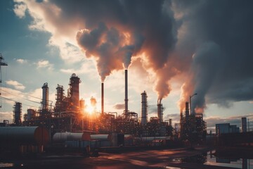 A vast industrial grid system stretching out into the horizon, with towering smokestacks and complex machinery against a dramatic sunset backdrop - obrazy, fototapety, plakaty