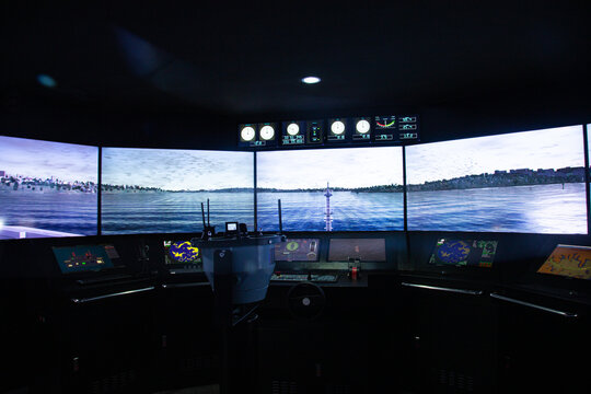 Inside bridge view of a ship simulator display in 270 degree