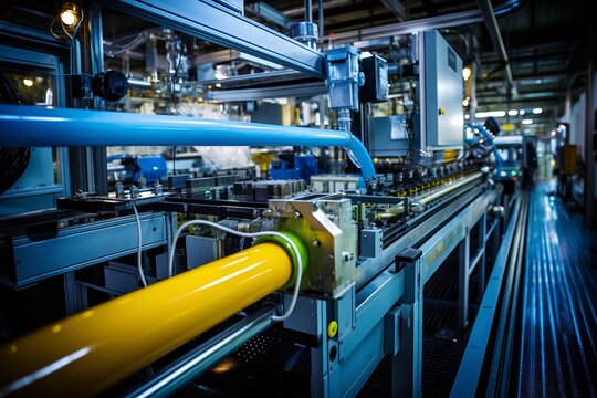 A meticulously detailed image of a varnishing unit in an industrial setting, surrounded by a maze of pipes and machinery under the harsh fluorescent lights