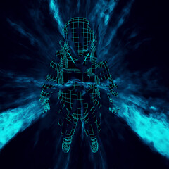 Glowing blue astronaut in space suit - glowing blue traveling in light speed