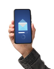 Got new message. Man holding smartphone on white background, closeup