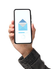 Got new message. Man holding smartphone on white background, closeup