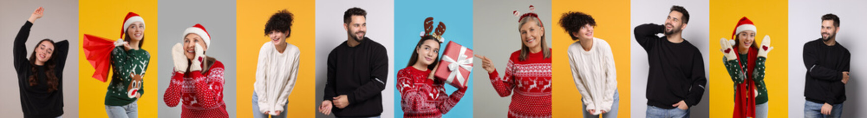 People in warm sweaters on color backgrounds, set of photos