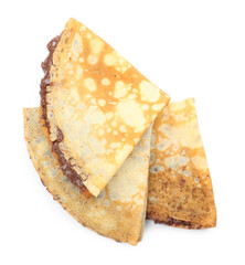 Tasty crepes with chocolate paste isolated on white, top view