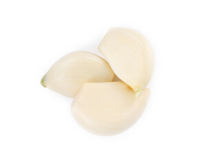 Peeled cloves of fresh garlic isolated on white, top view