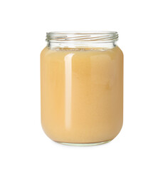 Baby food. Tasty healthy puree in jar isolated on white