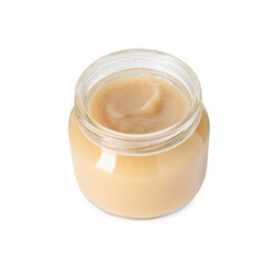 Baby food. Tasty healthy puree in jar isolated on white