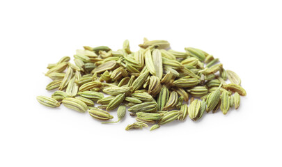 Pile of dry fennel seeds isolated on white