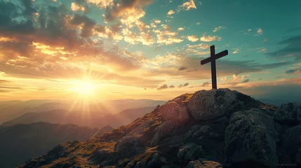 Foto op Plexiglas Majestic cross stands atop mountain, illuminated by golden sunrise, conveying hope and spiritual inspiration, Good Friday and Easter Sunday concept © NoLimitStudio