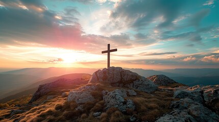 Majestic cross stands atop mountain, illuminated by golden sunrise, conveying hope and spiritual inspiration, Good Friday and Easter Sunday concept - obrazy, fototapety, plakaty
