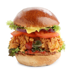 Delicious burger with crispy chicken patty isolated on white